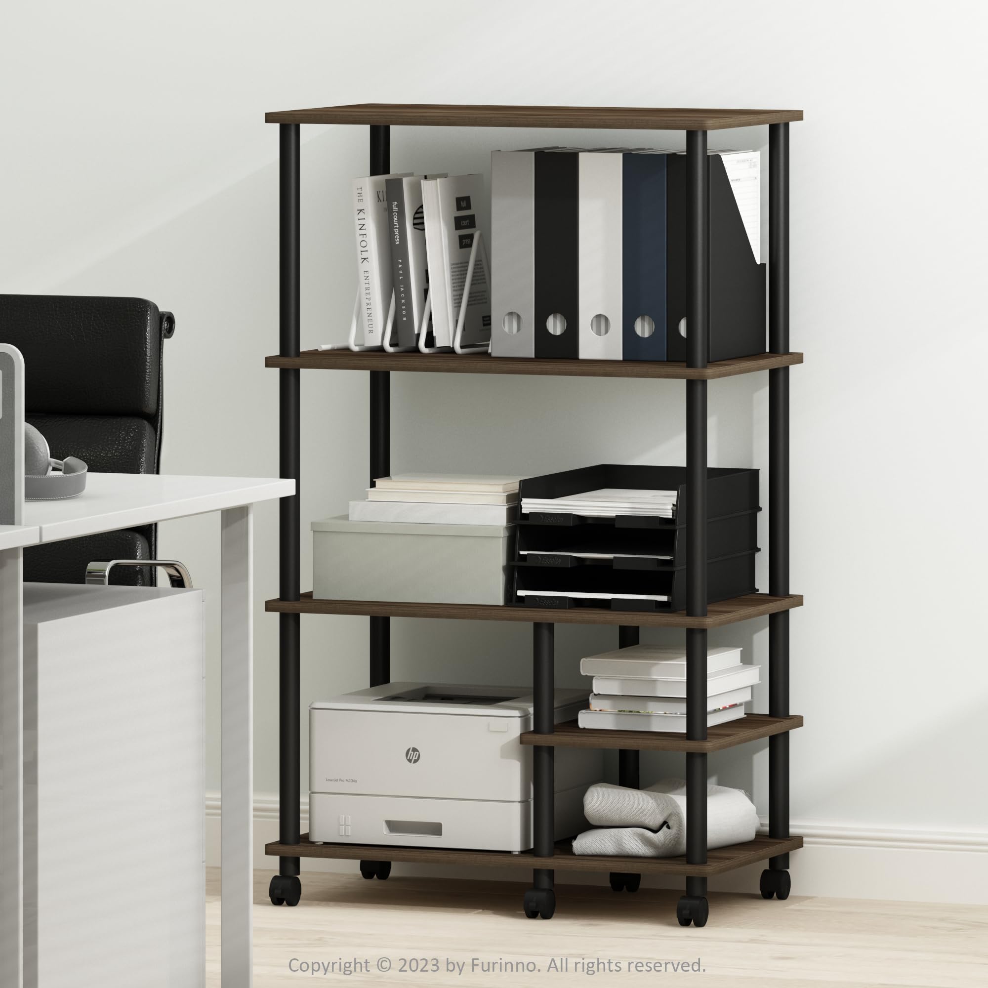 Furinno Turn-N-Tube 4-Tier Toolless Multipurpose Printer Stand Display Storage Shelf With Wheels, Columbia Walnut/Black